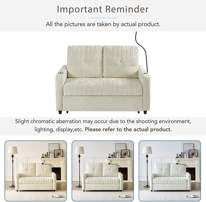 Merax Chenille 3-in-1 Pull Out Sleeper Sofa Bed Couch 54 Convertible Futon Loveseat with Adjustable Backrest 2 Cup Holders Phone Stand 3 Charging Ports and Storage Pockets for Living Room Beige