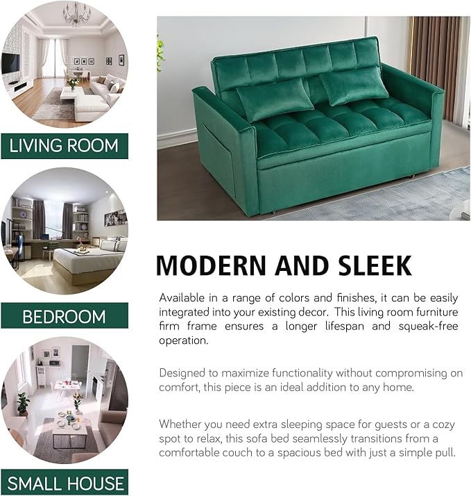 3 In 1 Velvet Convertible Sofa Bed Pull Out Couch Bed with Reclining Backrest And 2 Pillows 54 Full Size Loveseat Sleeper Sofa Futon Couch Beds Couches For Small Spaces Living Room (Dark Green)