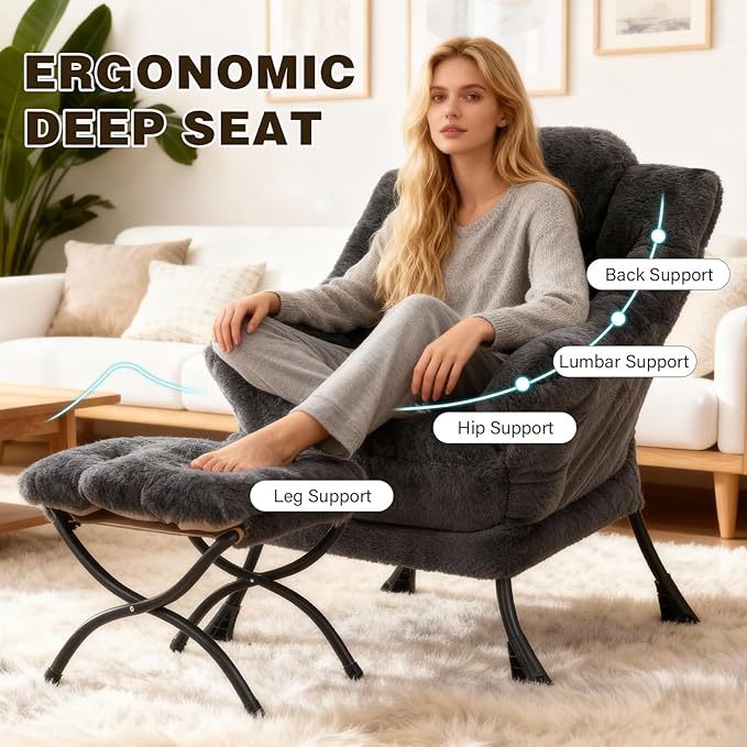 Lazy Chair with Ottoman Modern Accent Chair Lounge Leisure Sofa Chair with Armrests Reading Chair and Folding Footstool for Living Room Bedroom Office Plush Navy