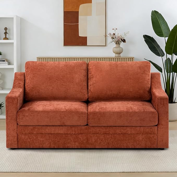 67” Chenille Loveseat Sofa w/Comfortable Back Cushions &amp Curved Armrests Modern 2-Seat Couch w/Deep Seat Space Upholstered 2 Seater Sofa w/High Resiliency Foam for Living Room Orange
