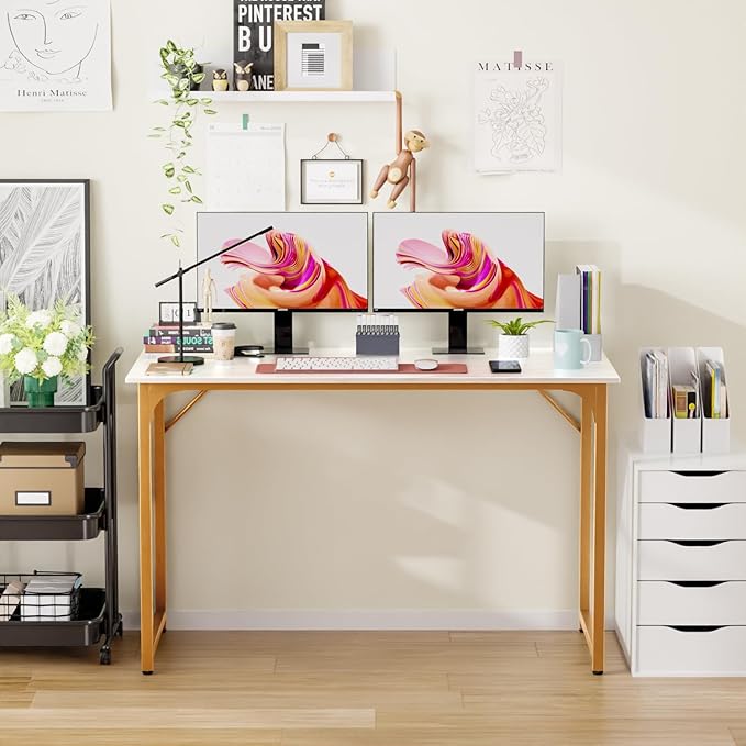Computer Desk 48 Inch Office Desk with Metal Frame Home Office Desk Modern Simple Style for Home Office Living Room Bedroom White Gold