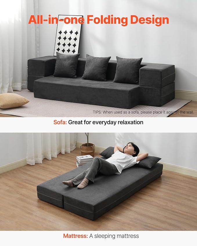 VEVOR Folding Sofa Bed 3-in-1 Foldable Couch Bed with 3 Pillows and Washable Cover 25D High Density Memory Foam Convertible Sleeper Chair Bed Futon Couch Dark Grey(Twin XL)
