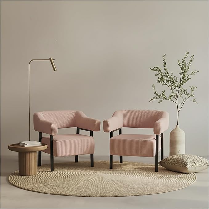 Corduroy Upholstered Accent Chair - Cozy Modern Decorative Armchair Comfortable Cute Corner Side Chairs for Living Room Bedroom Reading Nook Small Spaces (Pink-2 Pack Black Leg)