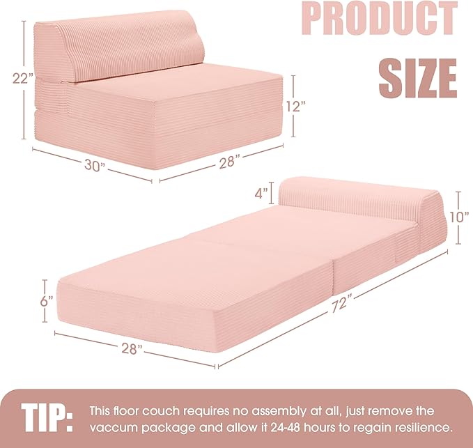 Folding Sofa Bed with Pillow Memory Foam Fold Out Chair Bed Convertible Sleeper Chair with Washable Cover Futon Floor Couch for Living Room/Dorm/Guest Use/Home Office/ApartmentPink
