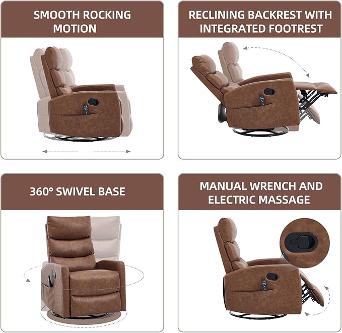 PELUMY 360° Swivel Rocker Recliner with Heat &amp Vibration Massage Glider Rocking Chair for Adults Compact Recliner for Living Room Small Spaces Nursery Bedroom (Breathable Leather Earth Yello