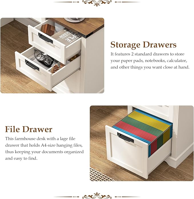 Vabches 55 Farmhouse Executive Desk with 3 Drawers Wooden Computer Desk with Keyboard Tray Home Office Desk with File Drawer (Fits A4 Size) for Work and Study White and Brown