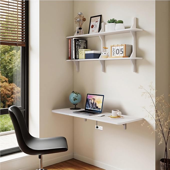 Pmnianhua Wall Mounted Folding Table 47'' Floating Laptop Desk with Shelves Foldable Drop Leaf Table Wall Mount Fold Down Table for Laundry Room Kitchen Bar Home Office Small Space(White)