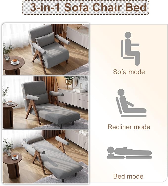 3 in 1 Convertible Sleeper Chair GreyFlip Out Sofa Chair Pull Out Couch to Bed for Adults Indoor Space Saving Lounger Furniture for Living Room Bedroom Compact Guest Bed W25x31.8Dx31.8H“