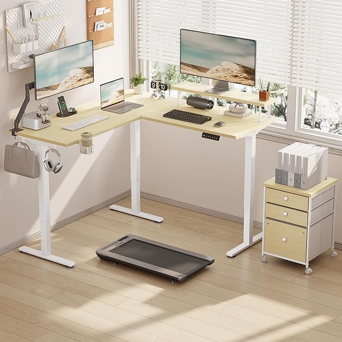 Flycity Electric L Shaped Standing Desk with File Cabinet 59 x 59 Corner Computer Desk with Drawers Dual Motor Stand Up Desk with Storage Home Office Standing Desk Adjustable Height Maple
