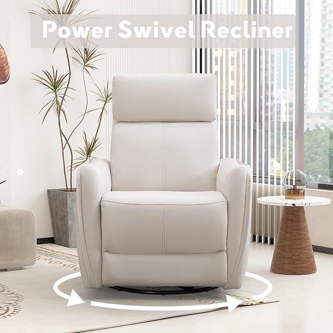 Bonzy Home Power Swivel Rocker Recliner Chair with USB Port Wide Seat Head &amp Lumbar Support Upholstered Glider Chair for Living Room Nursery Bedroom Cream White