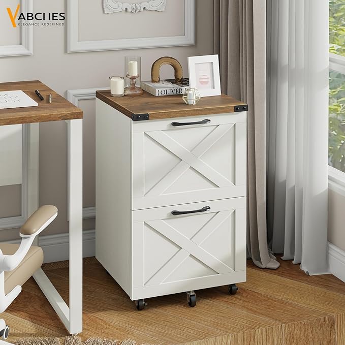 Vabches Farmhouse File Cabinet with 2 Drawers Vertical Filing Cabinet on Wheels for Letter/A4 Size Hanging Files Mobile File Cabinets Printer Stand for Home Office Rustic White