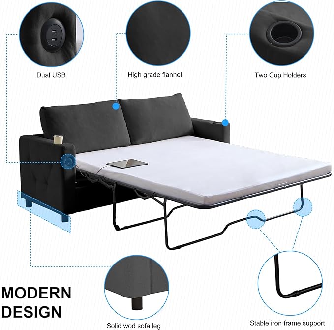 PUREMIND Queen Sleeper Sofa Couch 69 Velvet Pull Out Sofa Bed with Folding Foam Mattress 2-in-1 Sleeper Loveseat with USB &amp Cup Holders Pull Out Bed for Living Room Small Spaces Dark Grey