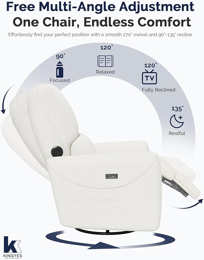 KINGYES Power Recliner Chair 270° Swivel Glider Living Room Recliner with USB-C Port Nursery Rocking Chair Beige