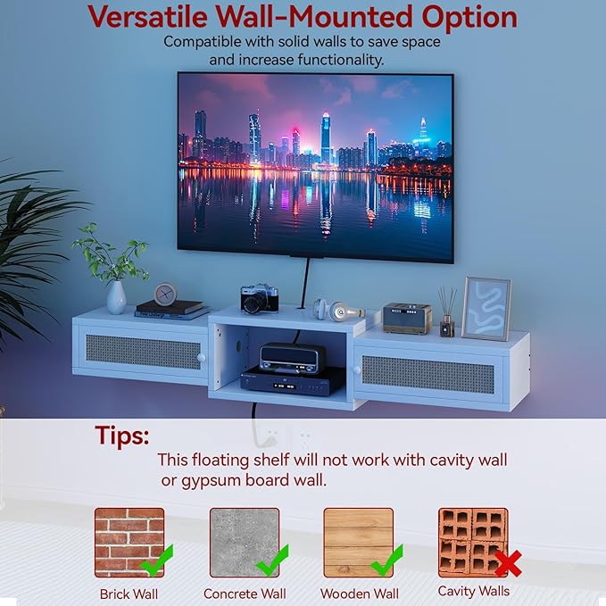 IBUYKE Modern Rattan Floating TV Stand with DoorsWall Mounted TV Shelf for TVs up to 55 InchesMedia Console Entertainment Center for Under TV Storage Cabinet for Living Room BedroomWhite UWST012W