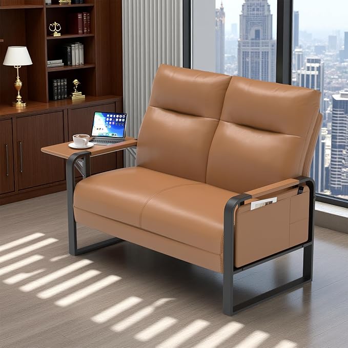Modern Leather Loveseat Small Sofa with Side Tray &amp Pocket Upholstered Mini Couch for Living Room Office Guest Room Brown