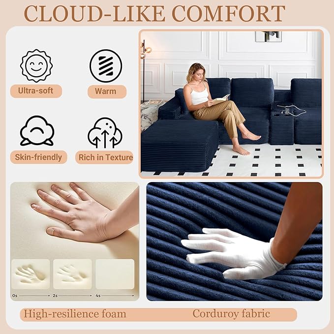 125 U-Shaped Sectional Couch Oversized Modular Sectional Sofa with USB Port &amp Storge Console Modern Corduroy Boneless Cloud Couch for Living Room No Assembly RequiredBlue