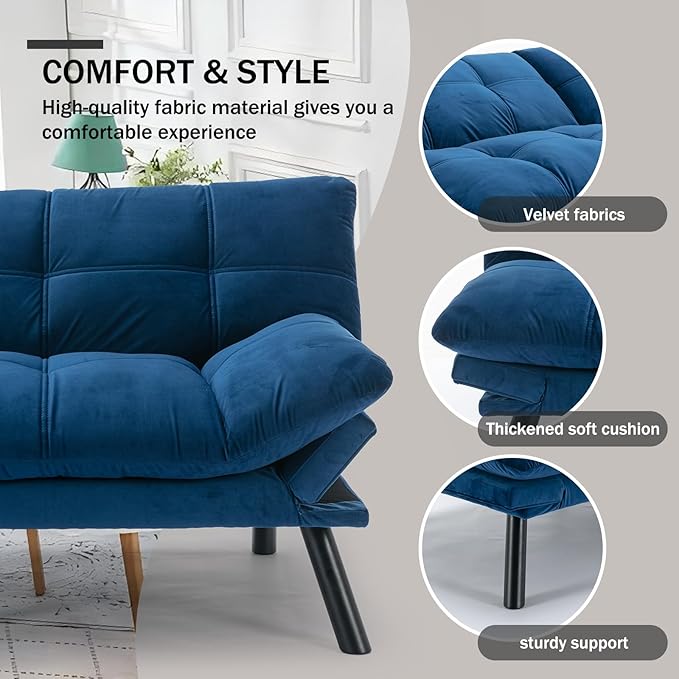 Convertible Futon Double Sofa Bed2 in 1 with Adjustable Backrest Memory Foam Loveseat for Living Room Bedroom Office Apartment Compact Sofa(Blue)