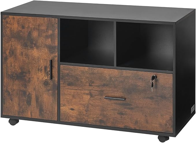 VEVOR Wood File Cabinet Mobile Filing Cabinet with Open Shelves Lockable Lateral Rolling File Storage with Adjustable Shelves Free Standing Printer Stand for Home Office School Rustic Brown