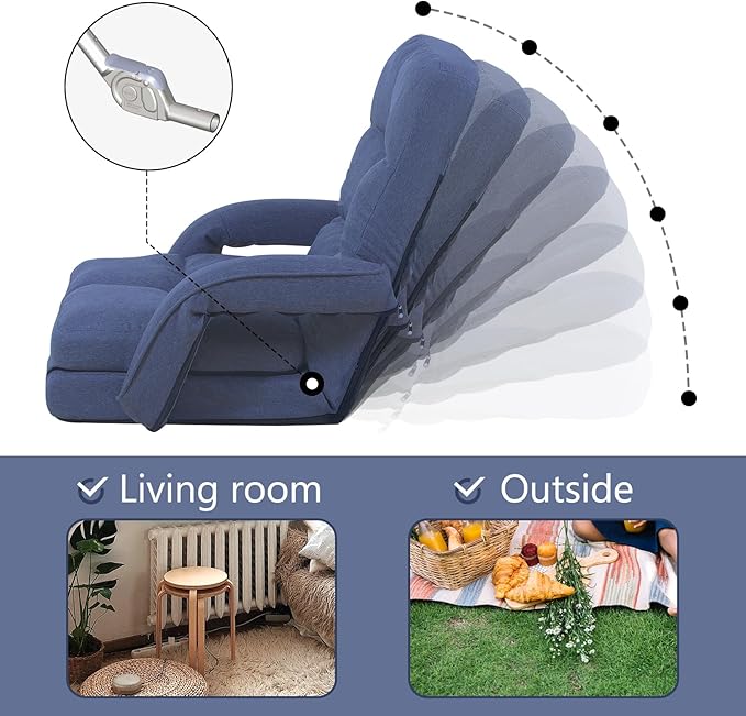 Indoor Floor Chair with Armrest and Pillow Folding Chaise Lounge Sofa 14-Position Adjustable Comfy Gaming Recliner Chair Padded Seats for Adults (Blue)