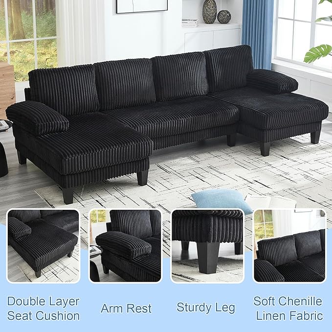 114 Sectional Couches for Living Room Corduroy Deep Seat Cloud Couch Double Chaise U Shaped Sofa