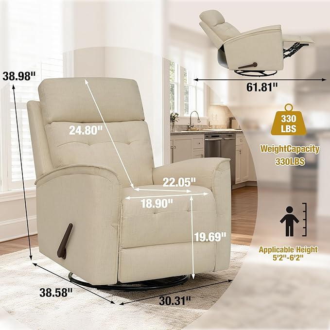 Swivel Rocker Recliner Chair for Adults Rocking Chair Small Swivel Recliner for Small Spaces Living Room Bedroom RV(Beige)
