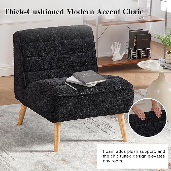 Modern Accent Chair Chenille Upholstered Fuzzy Club Chairs with Tufted Design Comfy Living Room Chair with Metal Legs Padded Reading Chair for Reading Room (Black-Chenille)