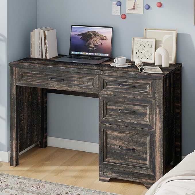 Farmhouse Executive Desk with Drawers Wood Computer Desk with Ample File Drawer Rustic Home Office Desk with Storage for Bedroom Living Room Dark Oak