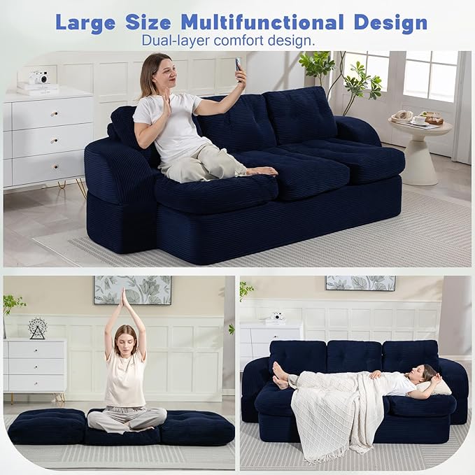 from Couch to Cloud: 3-Seater Boneless Sofa Bed for Small Spaces Cozy Tufted Corduroy Sleeper for Modern Adults No Assembly Needed Ships Compressed