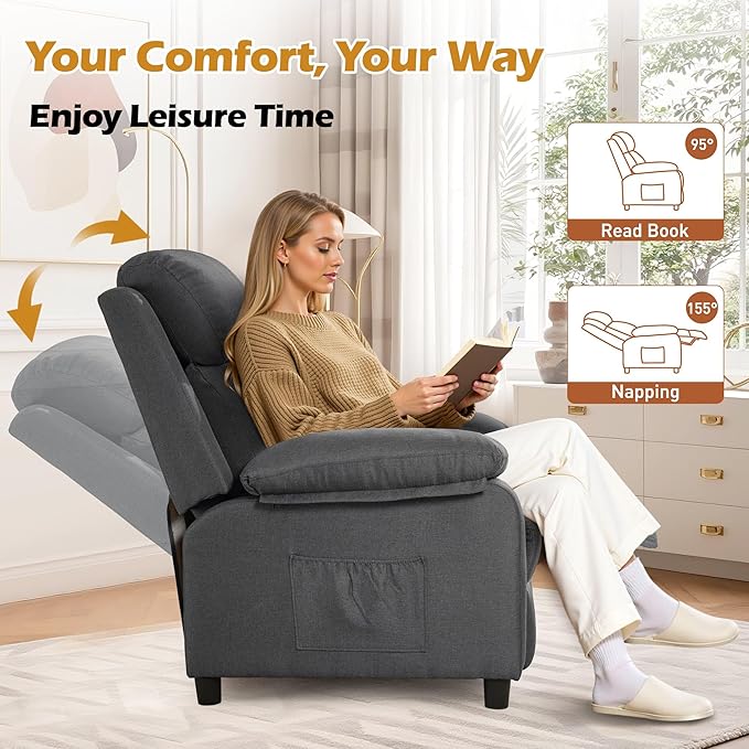Recliner Chair Living Room Chairs for Adults Padded Deep Seat Reading Chair with Side Pockets Small Recliners for Small Spaces Lounge Chair for Living Room Bedroom and RV (Linen)