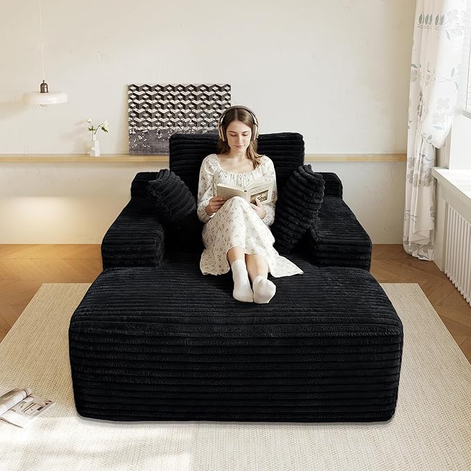 67 Square Chaise Lounge Single Floor SofaOversized Upholstered Boneless Corduroy Couch Deep Seat Sleeper Sofa Bed No Assembly Required Couches for ApartmentBlack