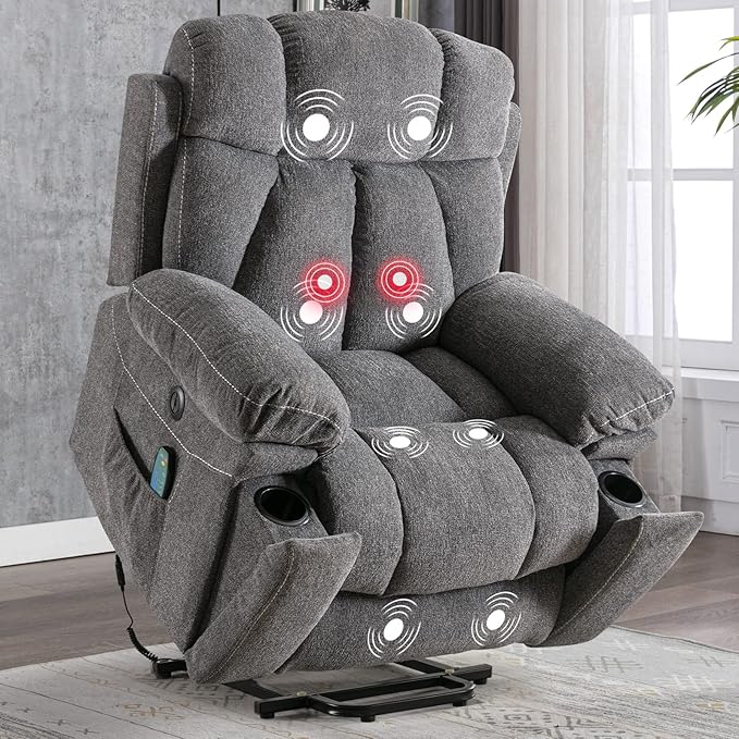 CANMOV Large Power Lift Recliner Chairs with Massage and Heat for Elderly Big People Heavy Duty Motion Reclining Mechanism-Anti Skid Fabric Recliner Chair with 2 Concealed Cup HoldersDark Gray