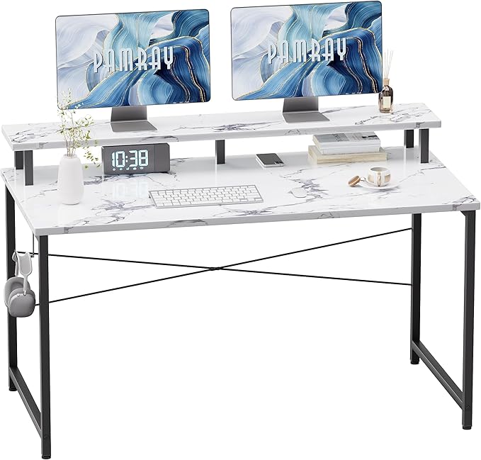 Pamray 47 Inch Small Computer Desk with Monitor Stand Simple Office Desk with Headphone Hook for Small Spaces Kids Study Writing Table for Bedroom Marble