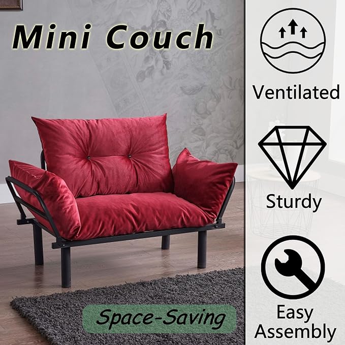 49 Mini Couch with Mattress Included Small Loveseat Sofa Chair for Small Space Oversized Accent Chair and a Half Metal Frame (Red)