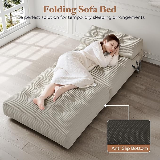 Folding Sofa Bed Convertible Foam Couch Bed Comfy Foldable Mattress Sleeper Chair with Pillow Small Floor Sofa Lounge for Living Room Bedroom Apartment Small Space Beige
