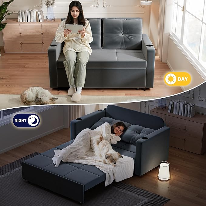 3 in 1 Sofa Bed 56 Inch Velvet Pull Out Couch Convertible Sleeper Sofa with Cup Holders USB Loveseat Sofa Couches for Living Room Small Space Deep Grey