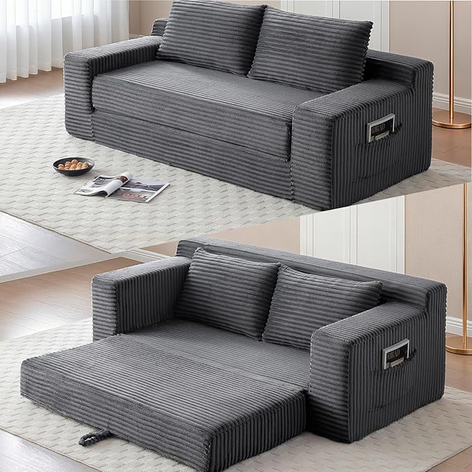 73 Memory Foam Cloud Loveseat Sofa 2 in 1 Convertible Folding Couch Bed Compressed Corduroy Floor Lounge Sofa No Assembly for Apartment Office Bedroom Living Room (Grey)