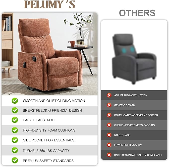 PELUMY 360 Swivel Rocking Recliner Chair for Adults Nursery Rocking Chair with Heat and Massage Glider Reclining Chair for Small Space Living Room Bedroom (Chenille Orange)