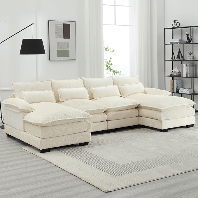 110'' U-Shaped Sectional Couch Modern Chenille Extra Large Modular Sofa with 4 Cushions Memory Foam Funiture Set with Double Lounger for Living Room Office Reception Room Beige