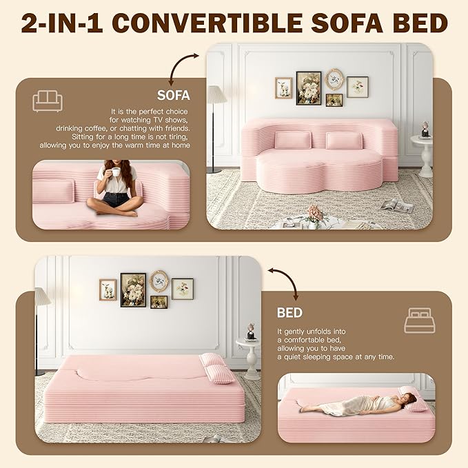 JOYBASE 78in Sofa Couch Convertible Oversized Cloud Loveseat Minimalist Sleeper Sofa Bed for Living Room Apartment Office No Assembly Required (Baby-Pink Corduroy)