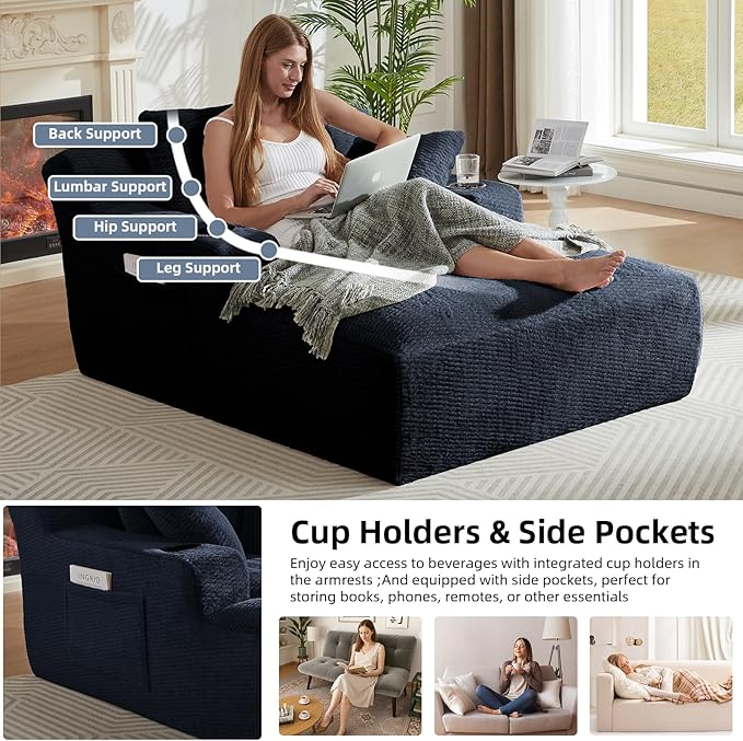 Oversized Chaise Lounge Chair - Upholstered Couch Cloud Boneless CouchDeep Seat Sleeper Sofa with Cup Holders and Side PocketsComfy Reading Chair for Living Room (Dark Blue)