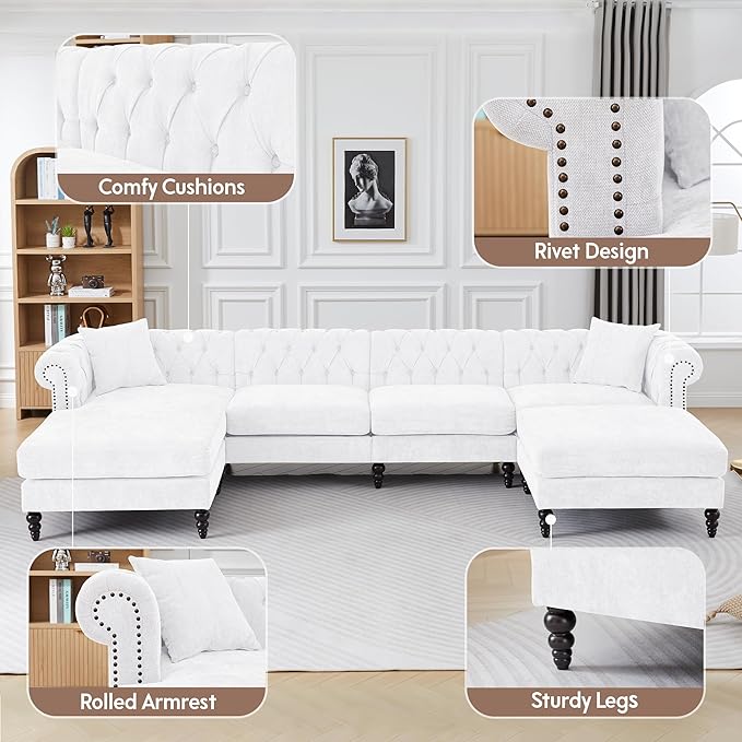 ORRD U Shaped Chesterfield Sofa Oversized Sectional Linen Couch Chaise Ottoman Sofa Upholstered Accent Tufted Couch with Rolled Armrest and Nailhead Design for Living Room Office - White