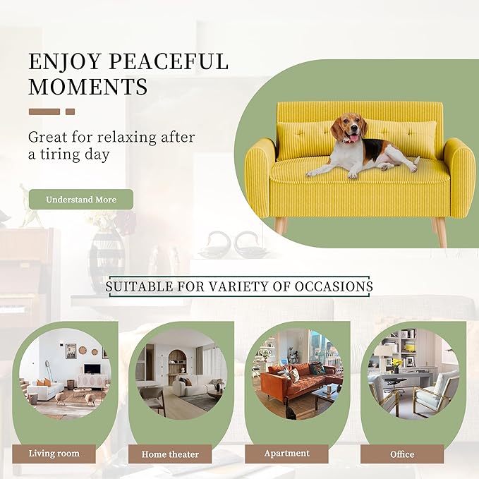 Vongrasig 48 Small Modern Loveseat Sofa Mid Century Soft Corduroy Fabric 2-Seat Sofa Couch Tufted Love Seat with Back Cushions and Tapered Legs for Living Room Bedroom and Small Space (Yellow)