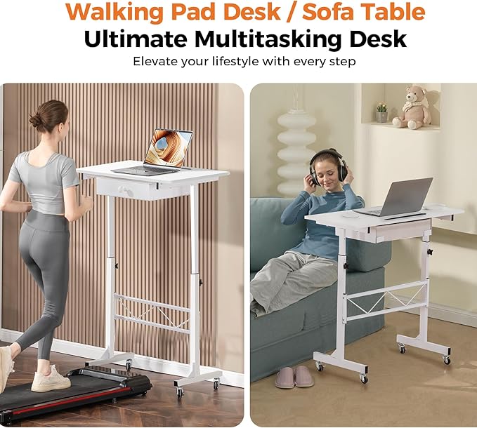 GTPLAYER Small Mobile Standing Desk 32In Wide Adjustable Height Stand Up Desk for Home Office Portable Sit Stand Rolling Computer Desk with Wheels Storage Drawer and Slot White Walking Laptop Table