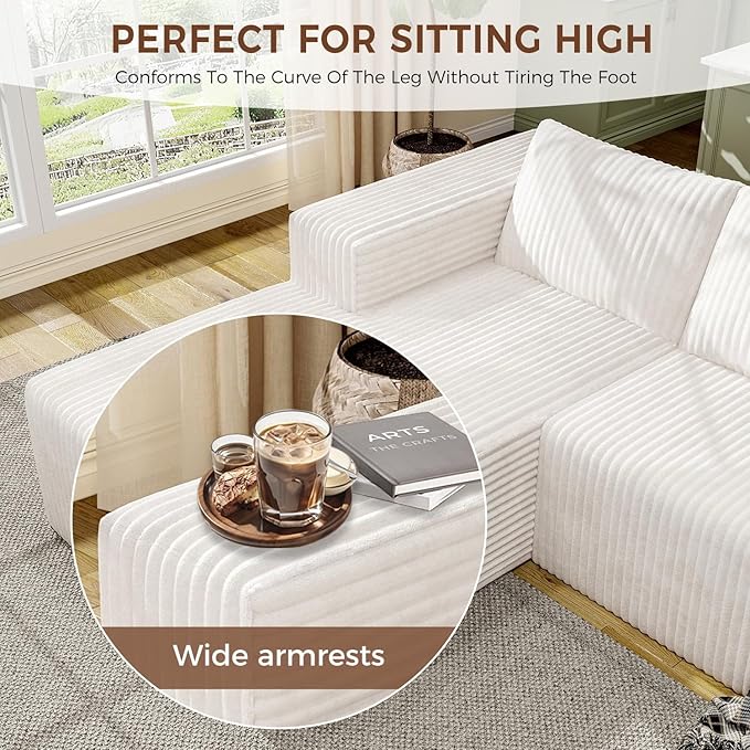 94 Modular Sectional Sofa Boneless Couches for Living Room L-Shape Sofa CouchesCloud Couch Sectional Comfy Corduroy Sofa with Deep Seat No Assembly Required (White 94+Left Facing Chaise)