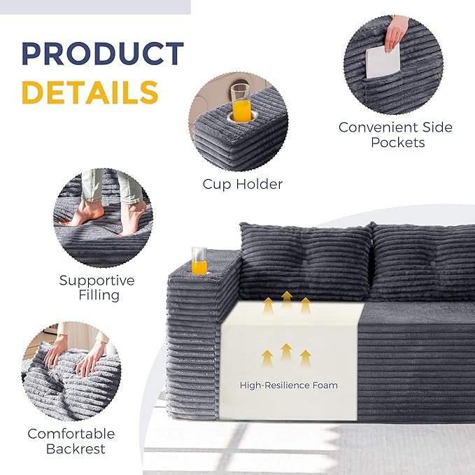 MAXYOYO Boneless Couch and Loveseat Sets for Small Spaces Mini Love Seat Floor Couch with Cup Holders and Pillows Upholstered Cloud Couch for Bedroom Apartment No Assembly Required