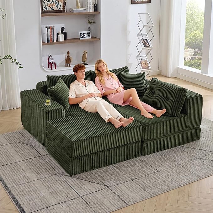 TYBOATLE Modular Sectional Sofa Couch Corduroy Cloud Boneless Foam Couch with Deep Seats &amp Cup Holder Modern Comfy Sleeper Sofa with L-Shape Chaise No Assembly (Forest Green)