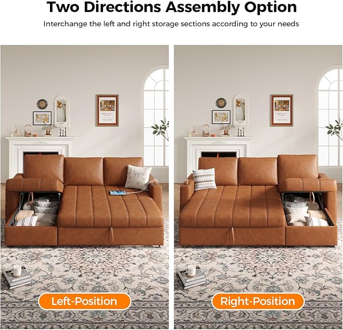 Fadware 89” L Shape Sofa Sleeper Sectional Sofa Bed with Hidden Storage&amp Side Pocket Anti-scratch Faux Leather Couch Bed with ChargePort&amp CupHolder Modern Piano Design Pull Out Couch for Li