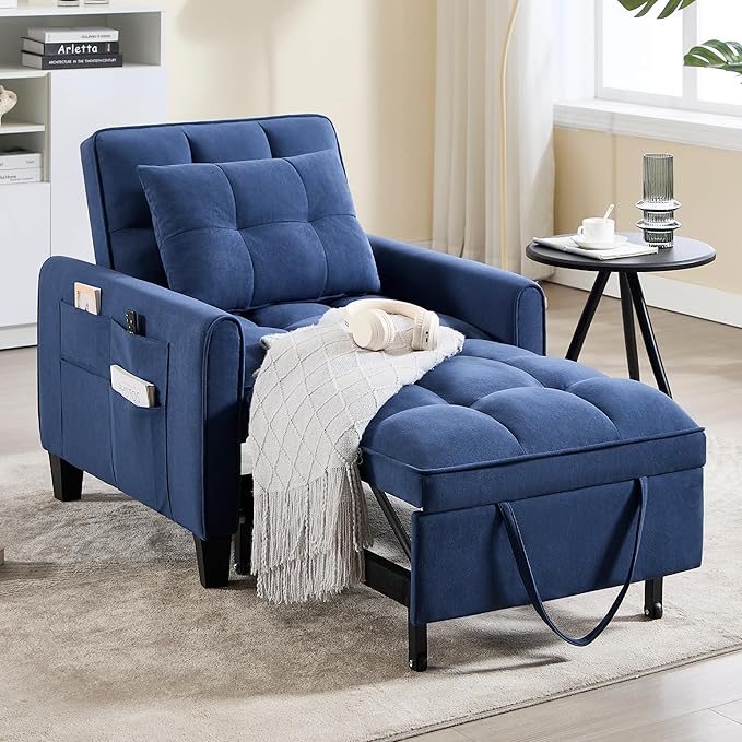 Convertible Sleeper Chair 3 in 1 Sleeper Chair Bed Pull Out Sofa Bed Chair Single Sofa Bed Adjustable Backrest Chairs Bed Sleeper for Adults Reading Living Room Bedroom Velvet Blue