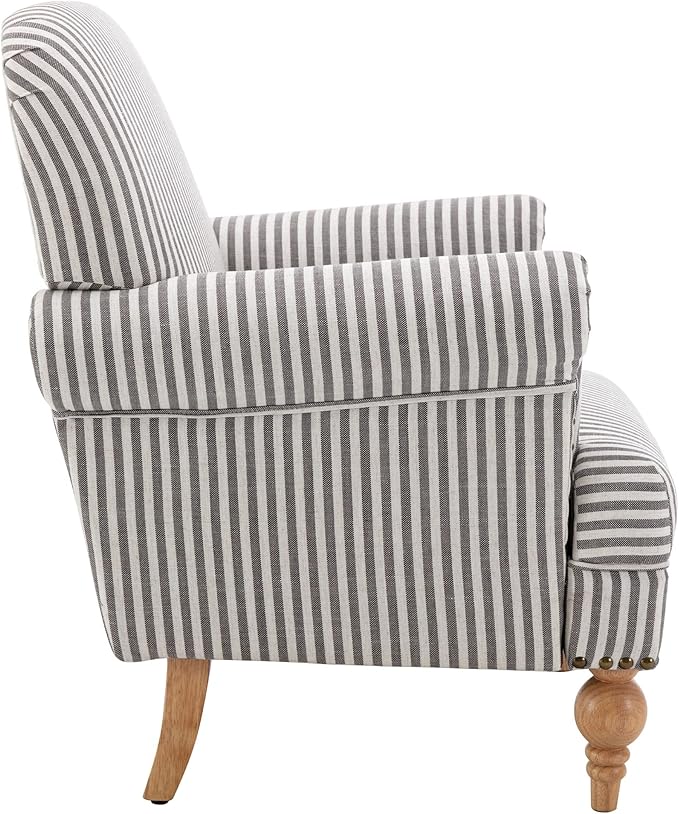 Black Striped Linen Fabric Accent Chair Modern Farmhouse Upholstered Armchair with Nailhead Trim &amp Ball Turned Wood Legs Cottage Club Chair for Living Room Bedroom Guest Room