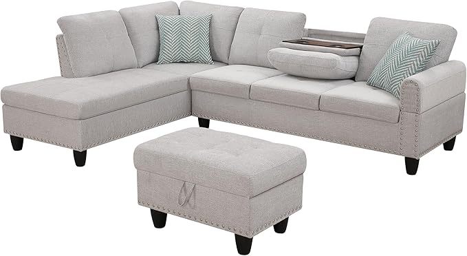 Favfurish L Shape Modular Sectional Sofa with Cup Holders and Storage Ottoman5-Seater Tufting Upholstered Corner Couch for Living RoomApartmentHome Furniture SetsLight Gray Left Chaise98 Inch
